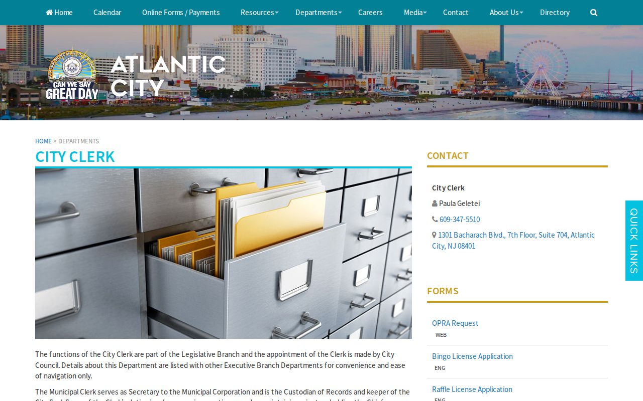 Atlantic City residents directory City Clerk public records custodian